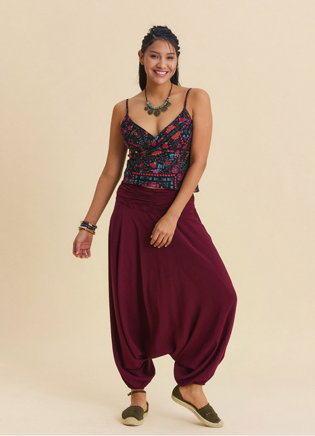 Drape Waist Elasticated Burgundy Women's Summer Trousers 4849