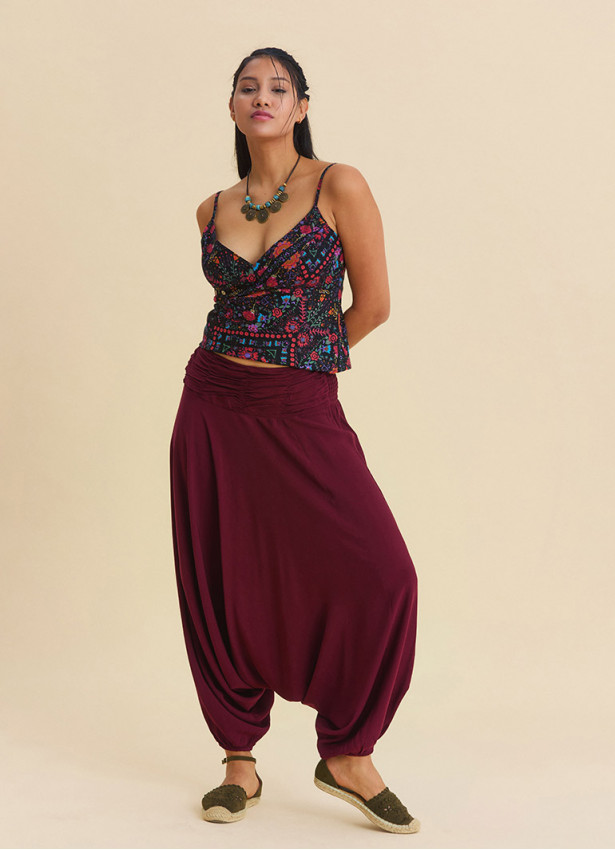 Drape Waist Elasticated Burgundy Women's Summer Trousers 4849