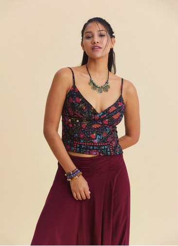 V Neck Strappy Black Floral Blouse 5008