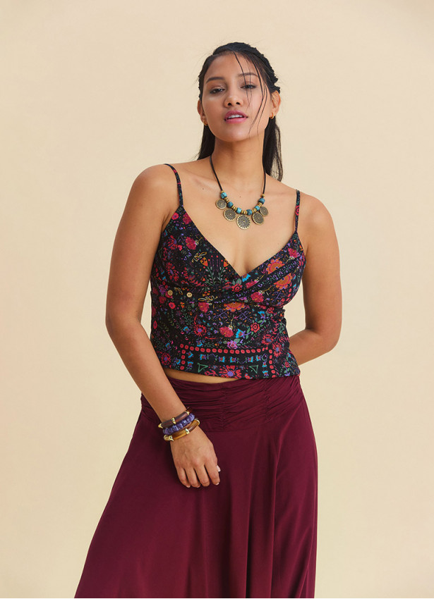 V Neck Strappy Black Floral Blouse 5008