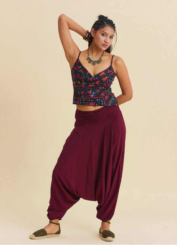Drape Waist Elasticated Burgundy Women's Summer Trousers 4849