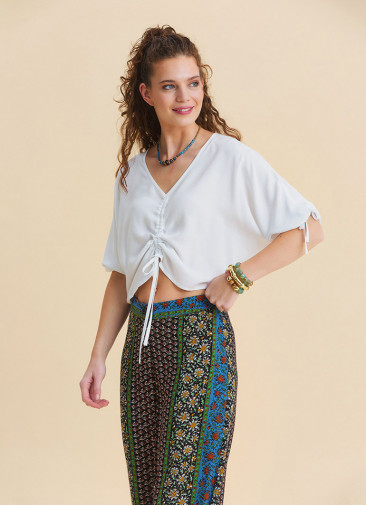 White Cropped Blouse with Boat Neck Short Sleeves, and Gathered Details 4973