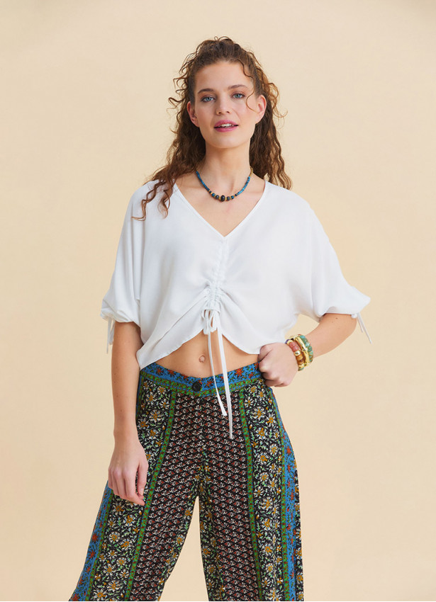White Cropped Blouse with Boat Neck Short Sleeves, and Gathered Details 4973