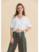 White Cropped Blouse with Boat Neck Short Sleeves, and Gathered Details 4973