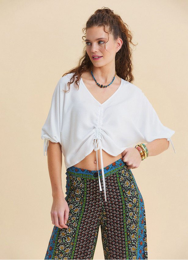 White Cropped Blouse with Boat Neck Short Sleeves, and Gathered Details 4973