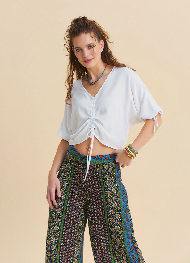 White Cropped Blouse with Boat Neck Short Sleeves, and Gathered Details 4973