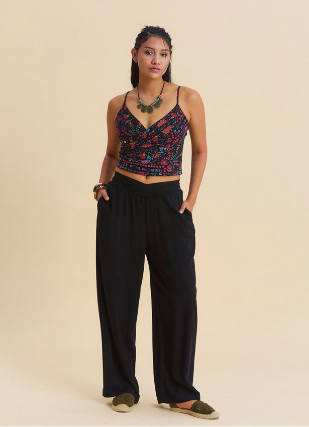 Black Womens Summer Trousers with Cross Over Waistband and Belt Loops 4857