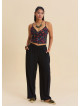 Black Womens Summer Trousers with Cross Over Waistband and Belt Loops 4857