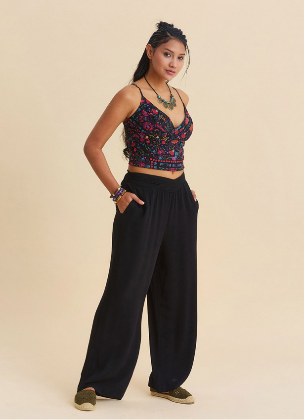 Black Womens Summer Trousers with Cross Over Waistband and Belt Loops 4857