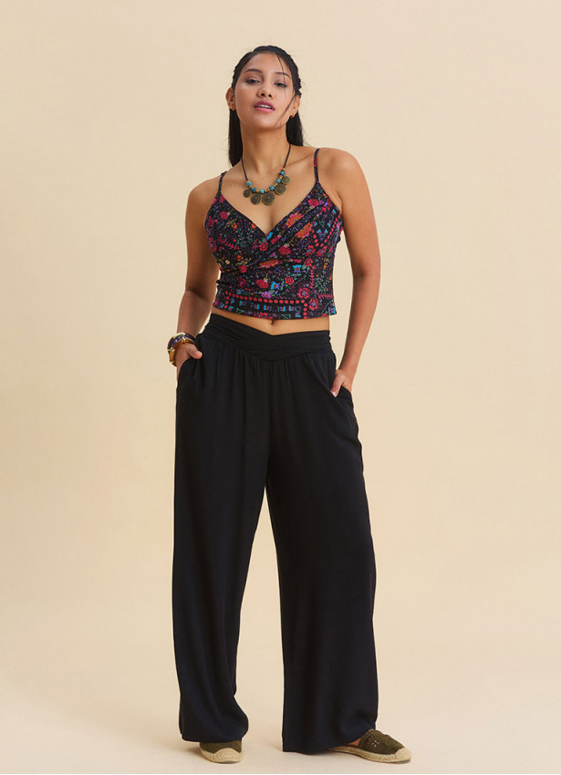 Black Womens Summer Trousers with Cross Over Waistband and Belt Loops 4857