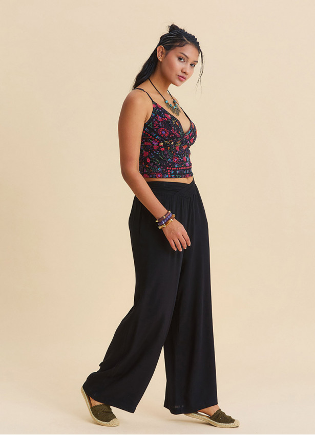 Black Womens Summer Trousers with Cross Over Waistband and Belt Loops 4857