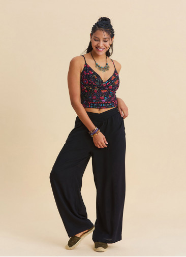 Black Womens Summer Trousers with Cross Over Waistband and Belt Loops 4857