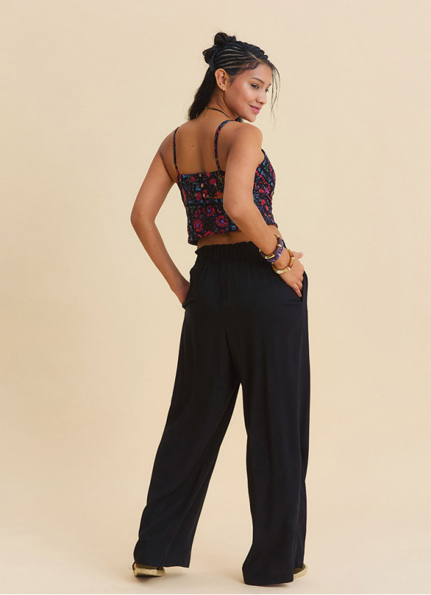 Black Womens Summer Trousers with Cross Over Waistband and Belt Loops 4857