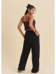 Black Womens Summer Trousers with Cross Over Waistband and Belt Loops 4857