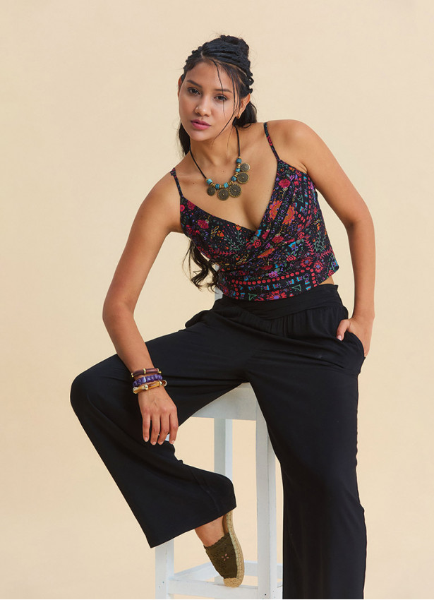 V Neck Strappy Black Floral Blouse 5008