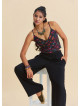 V Neck Strappy Black Floral Blouse 5008