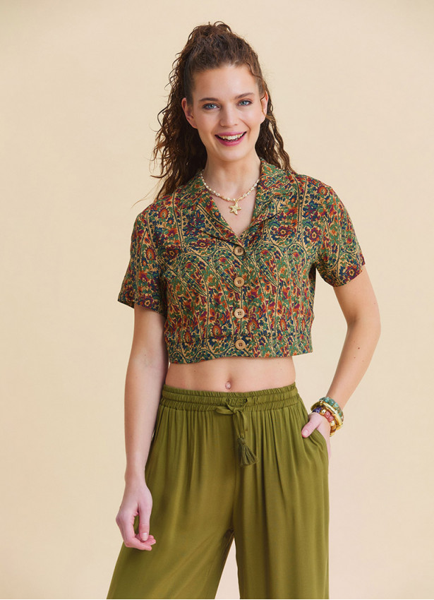 Green Womens Summer Trousers with Elasticated Waistband Pleats and Pockets  4862