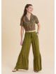 Green Womens Summer Trousers with Elasticated Waistband Pleats and Pockets  4862