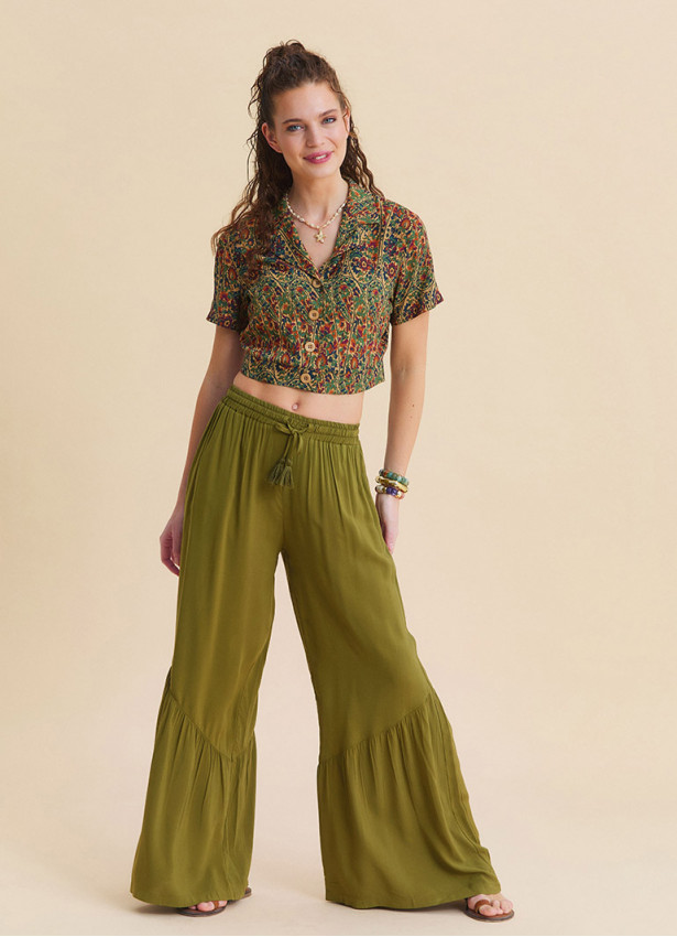 Green Womens Summer Trousers with Elasticated Waistband Pleats and Pockets  4862