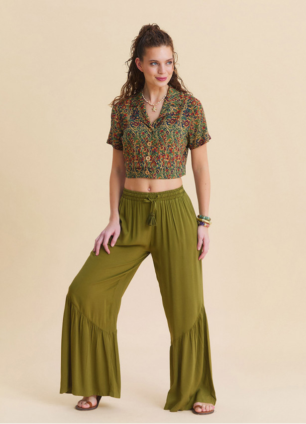 Green Womens Summer Trousers with Elasticated Waistband Pleats and Pockets  4862