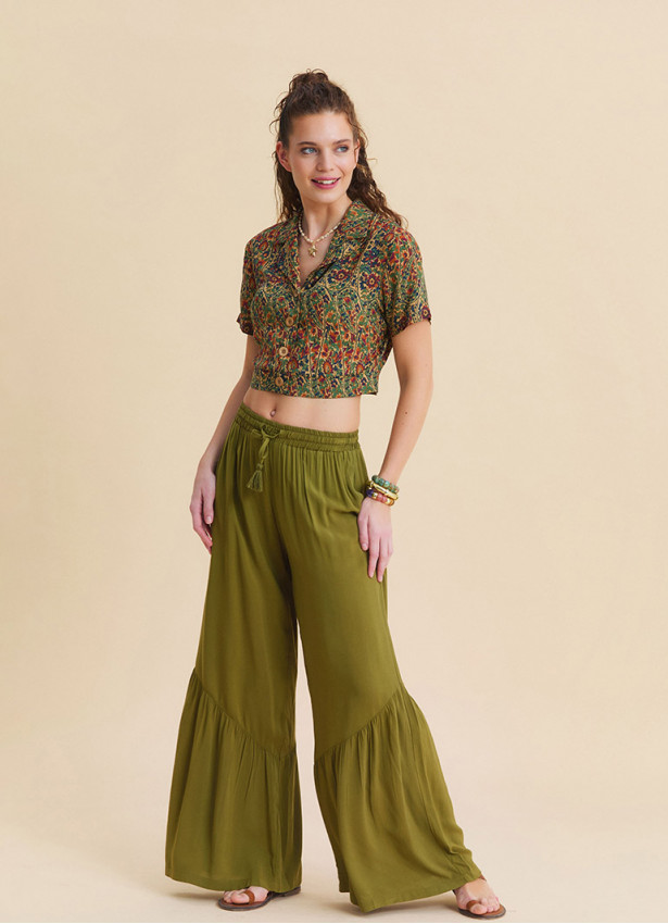 Green Womens Summer Trousers with Elasticated Waistband Pleats and Pockets  4862
