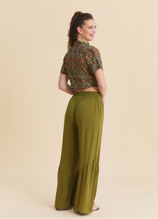 Green Womens Summer Trousers with Elasticated Waistband Pleats and Pockets  4862