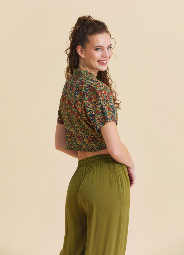 Green Womens Summer Trousers with Elasticated Waistband Pleats and Pockets  4862