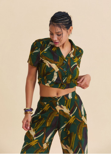 Khaki Button Down Collar Crop Blouse 4952