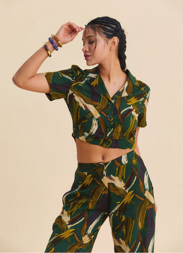 Khaki Button Down Collar Crop Blouse 4952