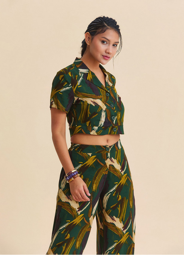 Khaki Button Down Collar Crop Blouse 4952