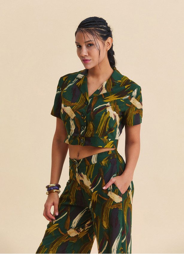 Khaki Button Down Collar Crop Blouse 4952