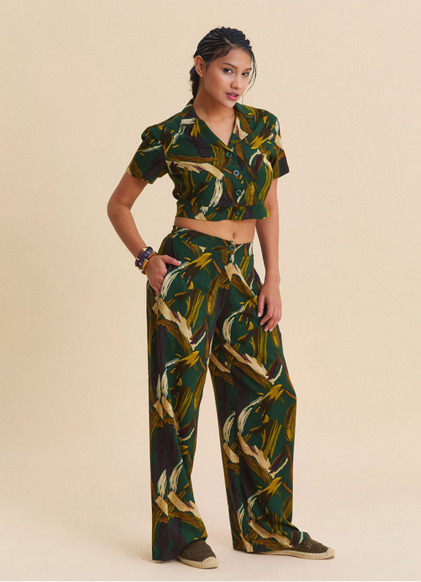 Regular Waist Button Front Khaki Womens Palazzo Pants  4945