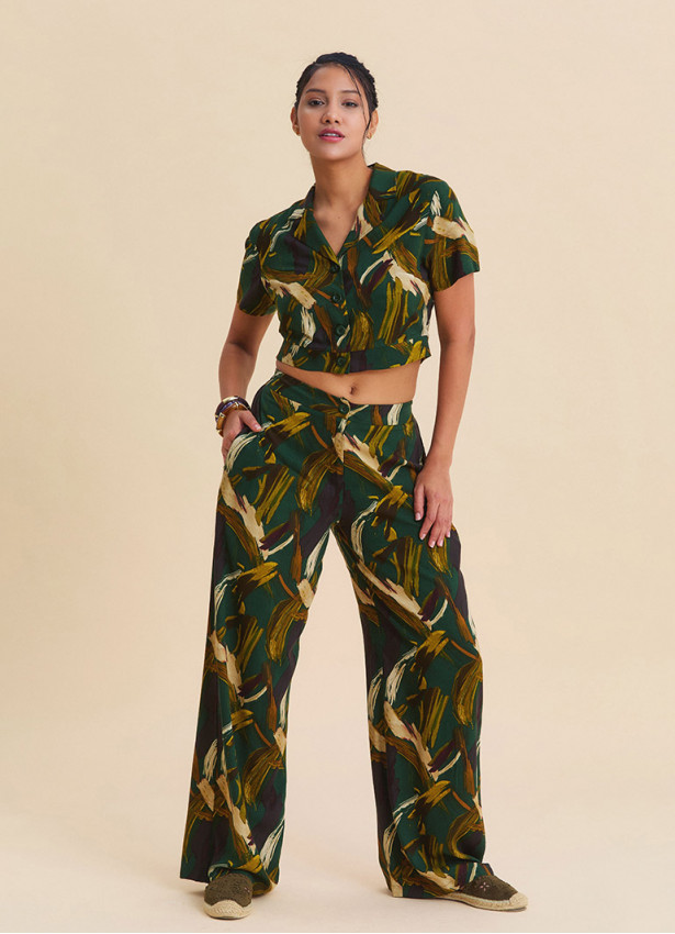 Regular Waist Button Front Khaki Womens Palazzo Pants  4945