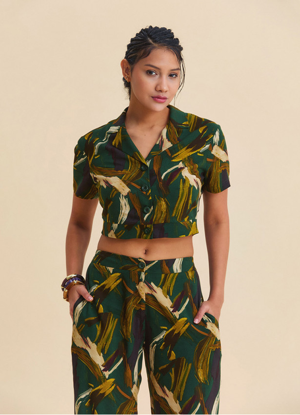 Khaki Button Down Collar Crop Blouse 4952