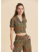 Short Sleeve Green Ethnic Blouse with a Shirt Collar 4955