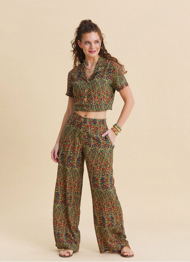 Womens Ethnic Pants with a Regular Waist and Green Floral Print Model 4948