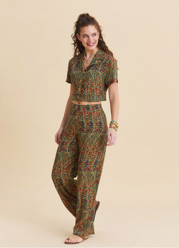 Womens Ethnic Pants with a Regular Waist and Green Floral Print Model 4948
