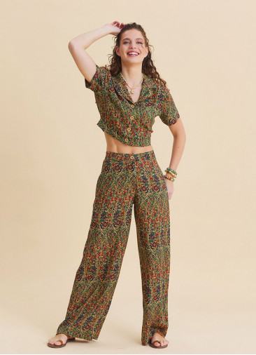 Womens Ethnic Pants with a Regular Waist and Green Floral Print Model 4948
