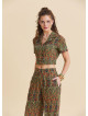 Short Sleeve Green Ethnic Blouse with a Shirt Collar 4955