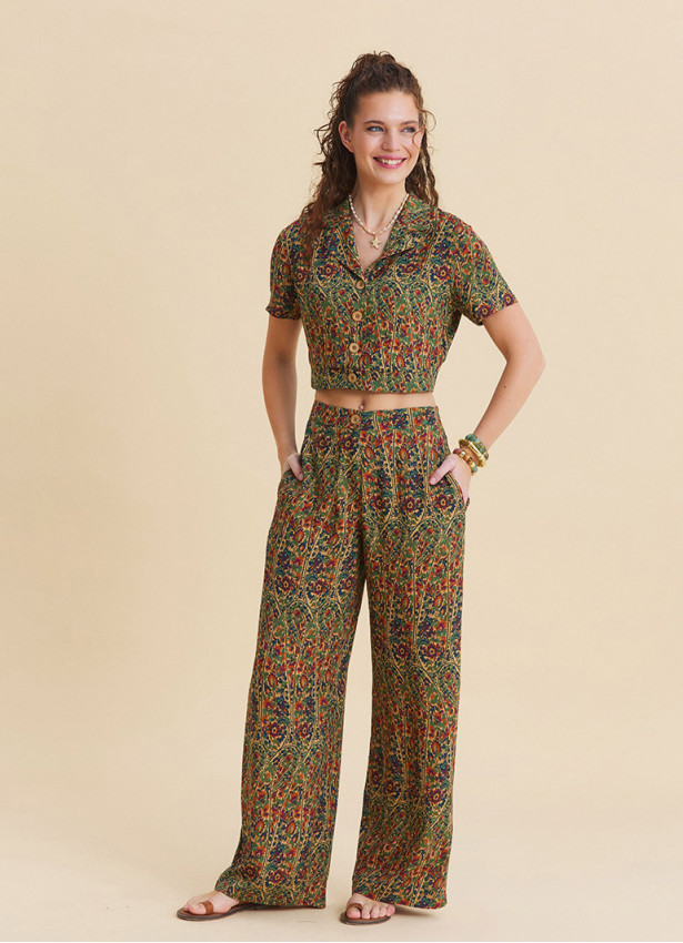 Womens Ethnic Pants with a Regular Waist and Green Floral Print Model 4948