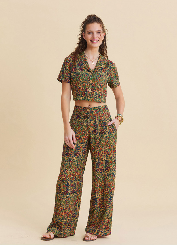 Womens Ethnic Pants with a Regular Waist and Green Floral Print Model 4948