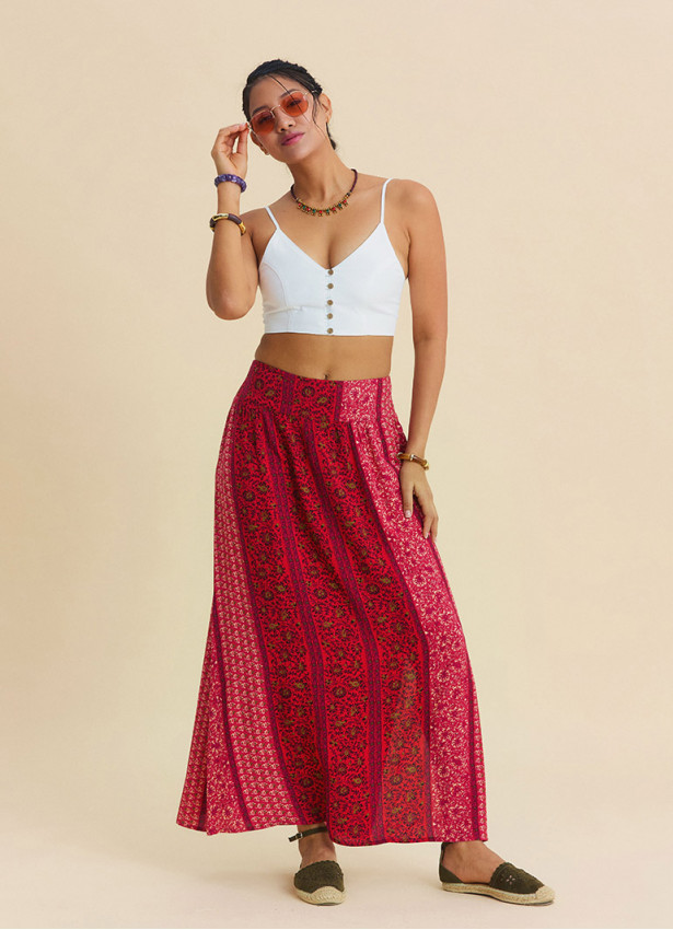 Red Floral Skirt with Elasticated Waist and Deep Slit 4913