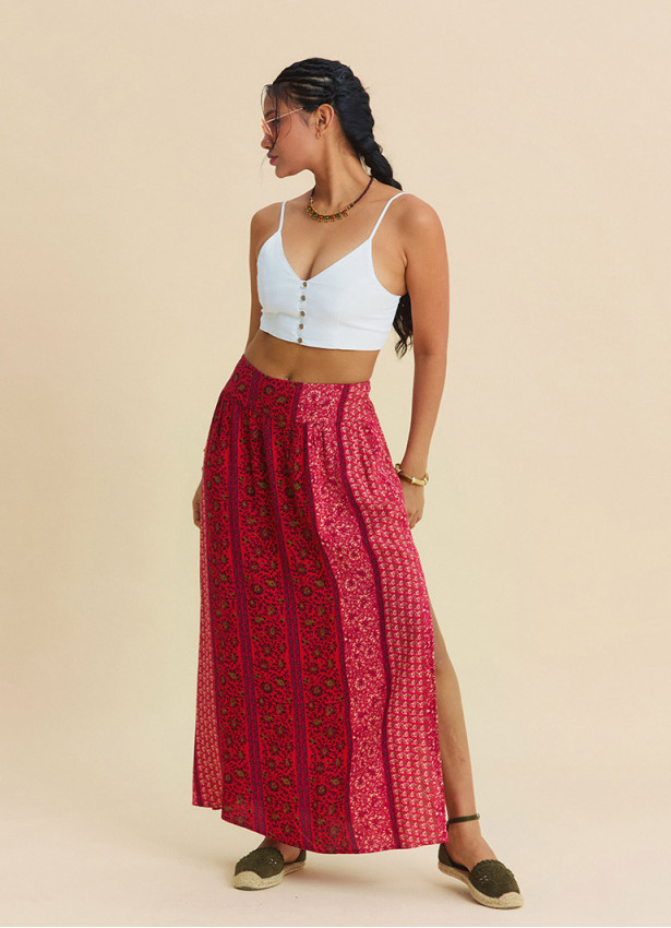 Red Floral Skirt with Elasticated Waist and Deep Slit 4913