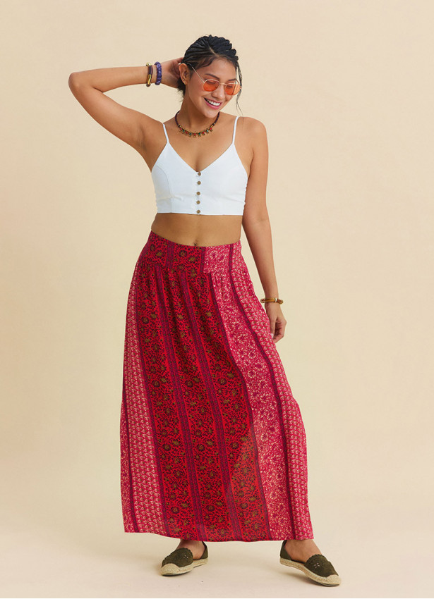 Red Floral Skirt with Elasticated Waist and Deep Slit 4913