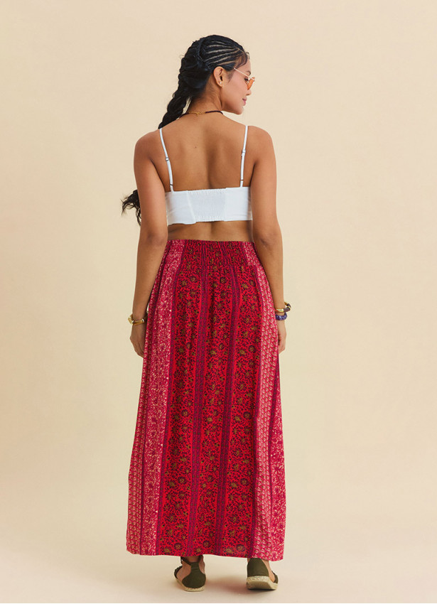 Red Floral Skirt with Elasticated Waist and Deep Slit 4913