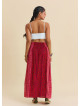 Red Floral Skirt with Elasticated Waist and Deep Slit 4913