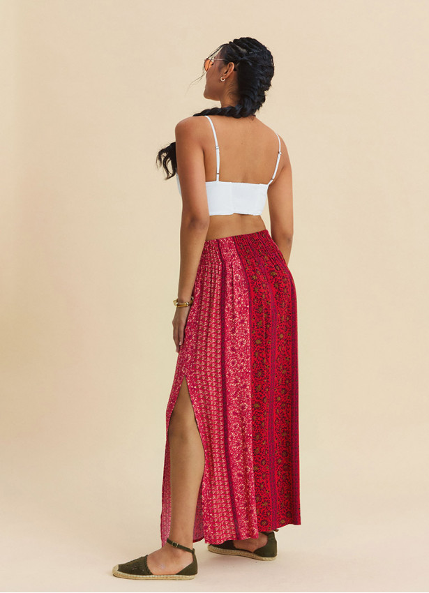 Red Floral Skirt with Elasticated Waist and Deep Slit 4913