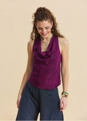 Red Summer Blouse with Open Collar, Cross Back, and Low Cut Back 4987