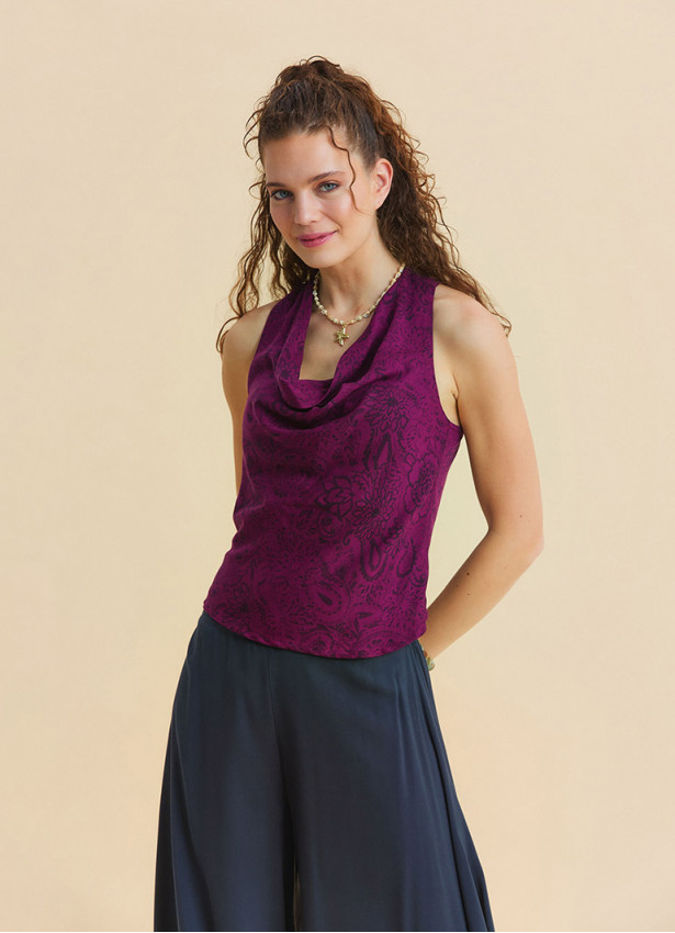 Red Summer Blouse with Open Collar, Cross Back, and Low Cut Back 4987