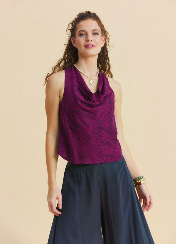 Red Summer Blouse with Open Collar, Cross Back, and Low Cut Back 4987